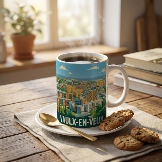 Mug souvenir de la ville de Vaulx-en-Velin avec une illustration urbaine stylisée.