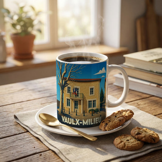 Mug souvenir de la ville de Vaulx-Milieu avec une illustration stylisée d'un bâtiment communal.