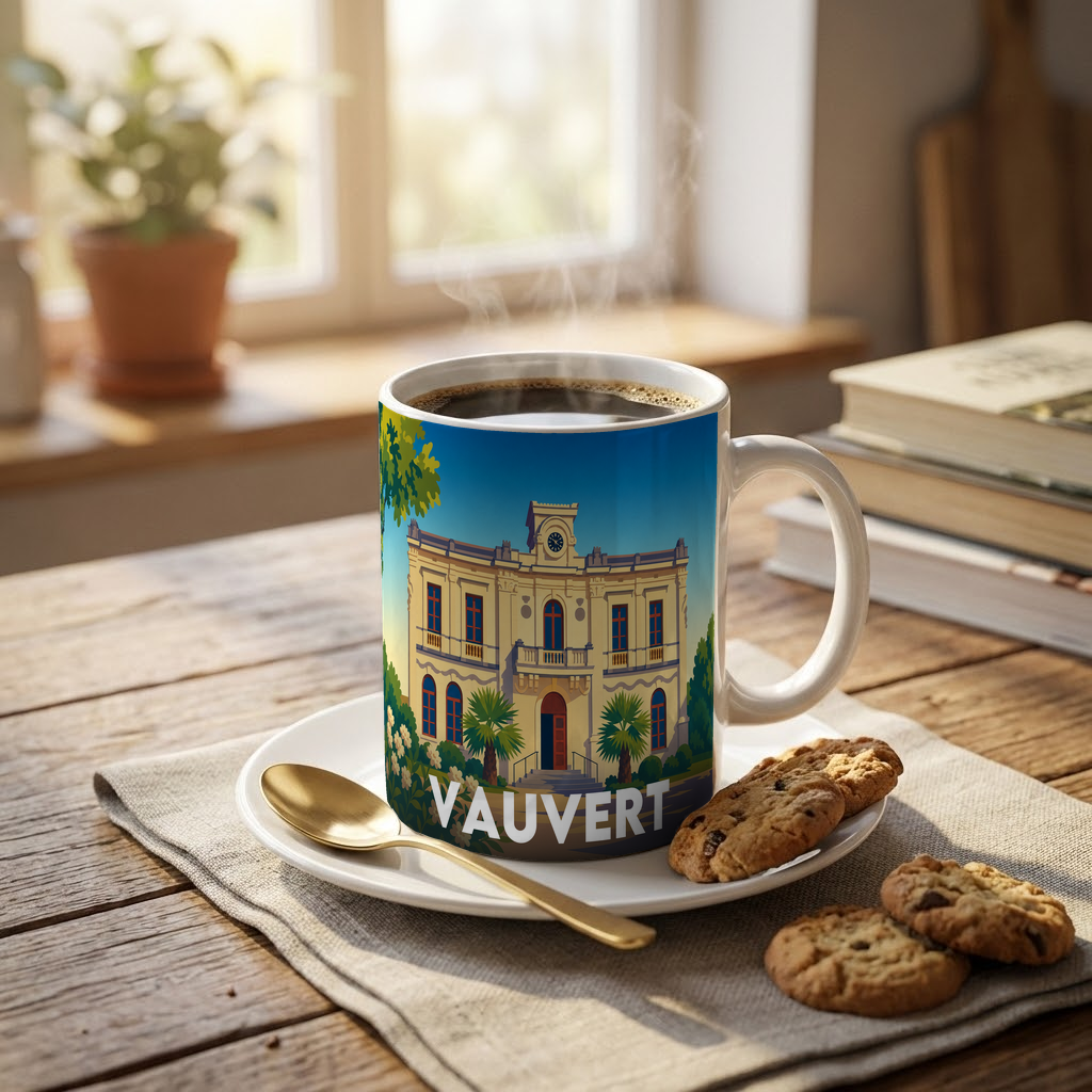 Mug souvenir de la ville de Vauvert avec une illustration stylisée.