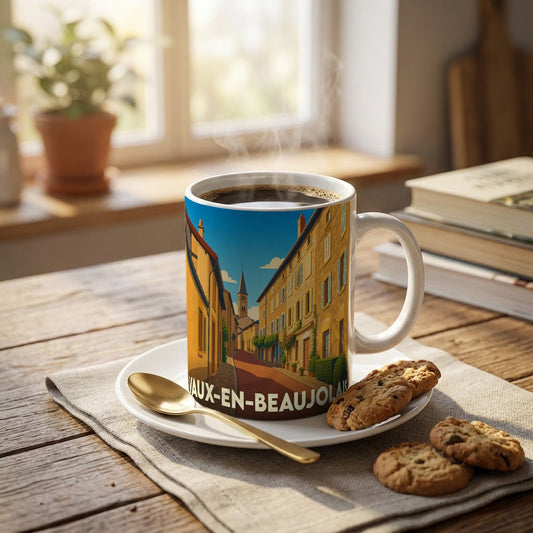 Mug souvenir de la ville de Vaux-en-Beaujolais orné d'une illustration stylisée de ses rues pittoresques.