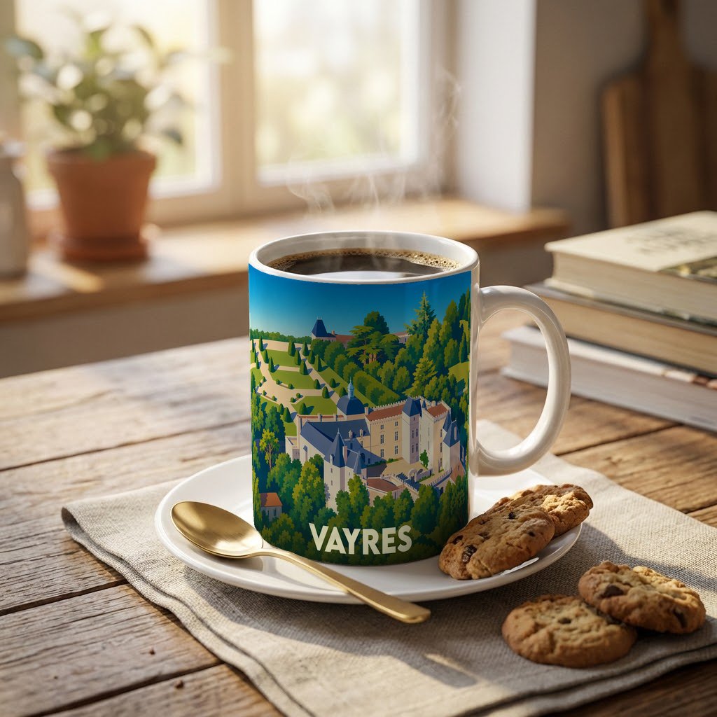 Mug souvenir de la ville de Vayres illustré d'un dessin stylisé de son château.