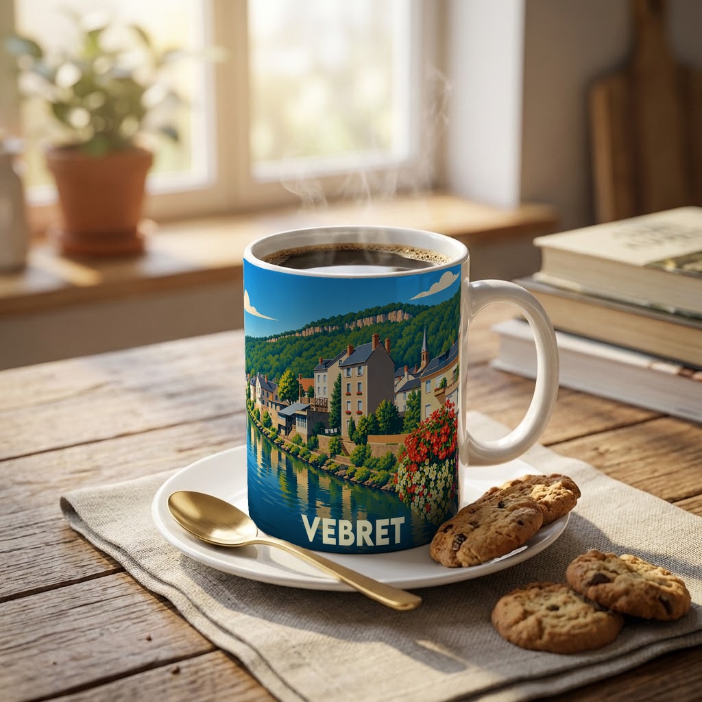 Mug souvenir de la ville de Vebret avec une illustration stylisée d'un paysage fluvial.