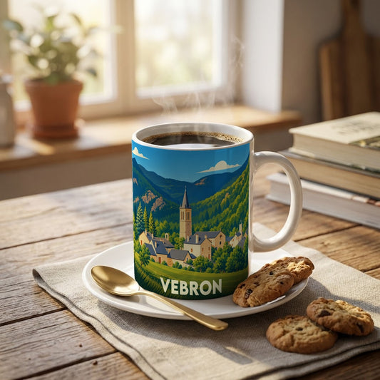 Mug souvenir de la ville de Vebron orné d'une illustration stylisée de son clocher et de ses montagnes.