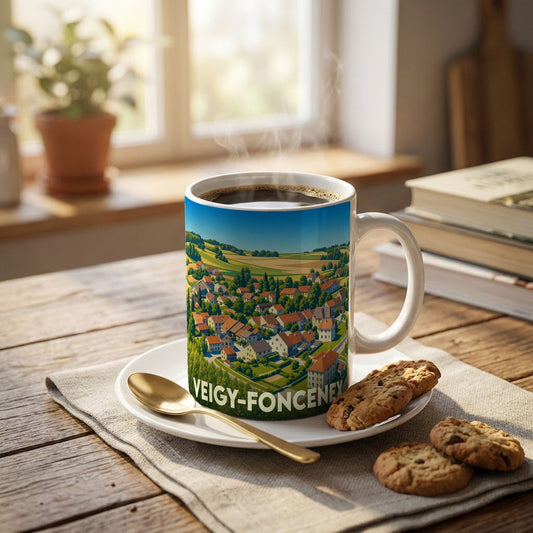 Mug souvenir de la ville de Veigy-Foncenex avec une illustration stylisée d'un paysage urbain.
