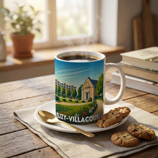 Mug souvenir de la ville de Vélizy-Villacoublay avec une illustration stylisée.