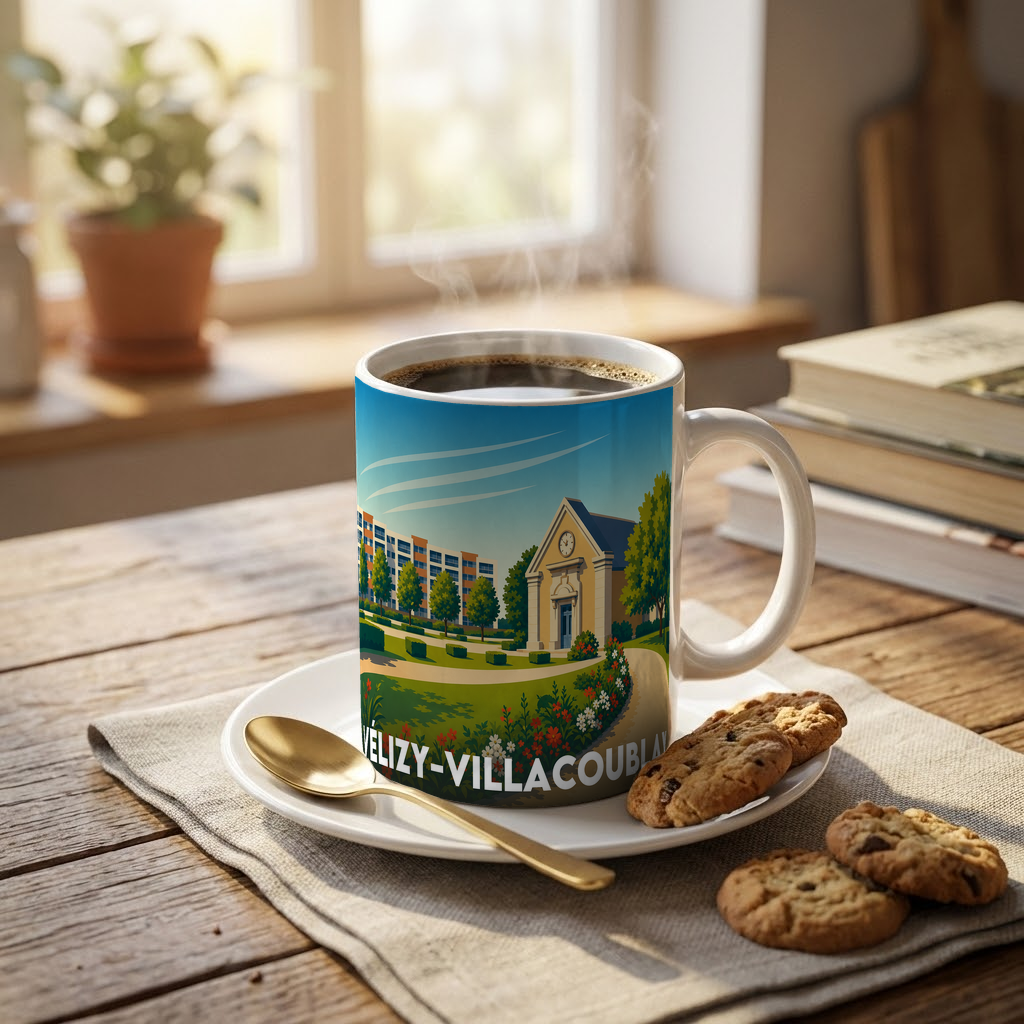 Mug souvenir de la ville de Vélizy-Villacoublay avec une illustration stylisée.