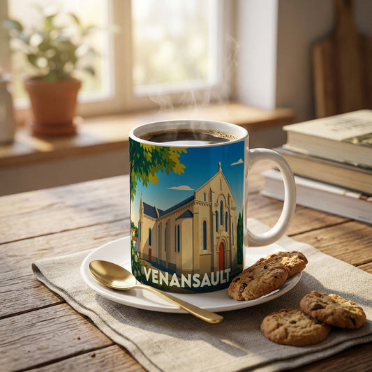Mug souvenir de la ville de Venansault avec une illustration stylisée de son église.