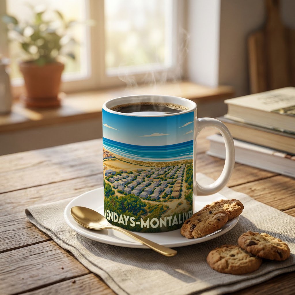 Mug souvenir de la ville de Vendays-Montalivet orné d'une illustration stylisée du littoral et de ses habitations.