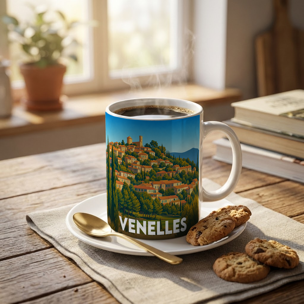 Mug souvenir de la ville de Venelles orné d'une illustration stylisée de son village perché.