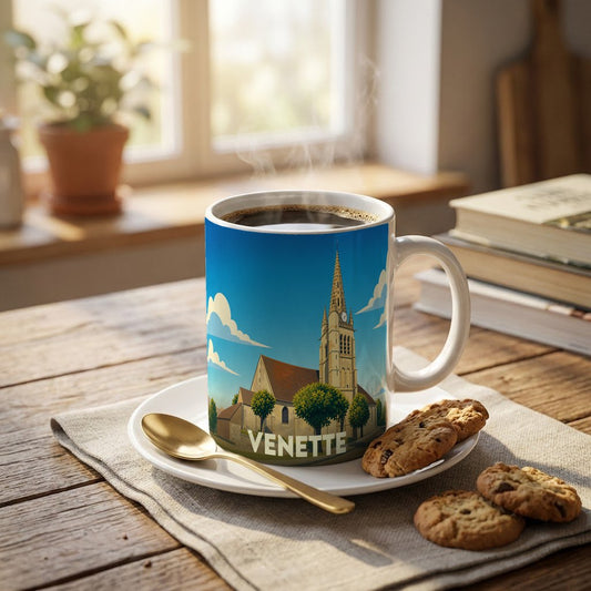 Mug souvenir de la ville de Venette avec une illustration stylisée de son église.