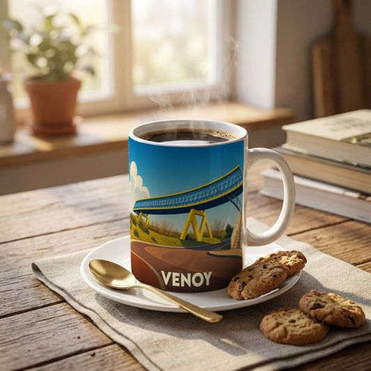 Mug souvenir de la ville de Venoy avec une illustration stylisée d'un pont moderne.