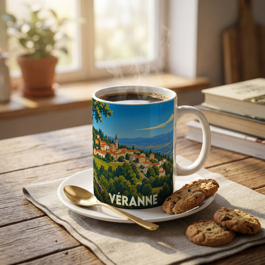 Mug souvenir de la ville de Véranne orné d'une illustration paysagère stylisée.