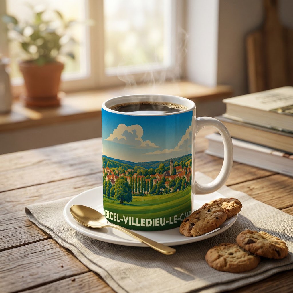 Mug souvenir de la ville de Vercel-Villedieu-le-Camp avec une illustration stylisée d'un paysage rural.