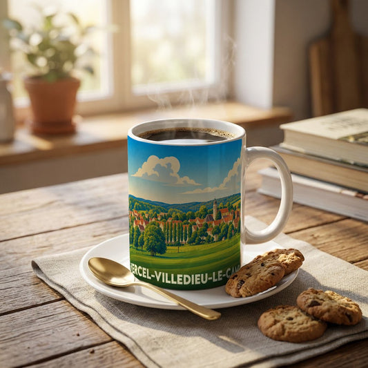 Mug souvenir de la ville de Vercel-Villedieu-le-Camp avec une illustration stylisée d'un paysage rural.