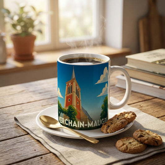 Mug souvenir de la ville de Verchain-Maugré orné d'une illustration stylisée de son église.