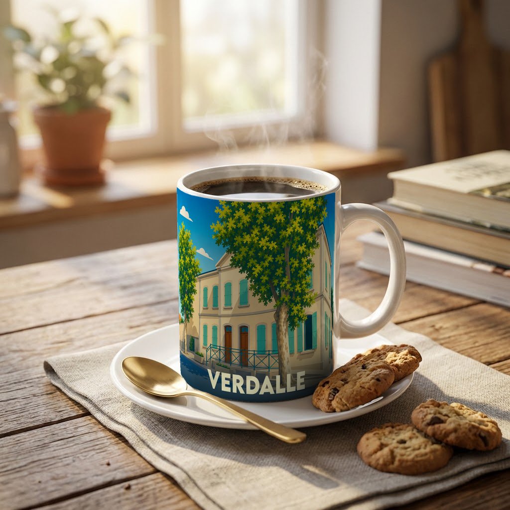 Mug souvenir de la ville de Verdalle orné d'une illustration stylisée de ses façades typiques.