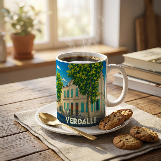 Mug souvenir de la ville de Verdalle orné d'une illustration stylisée de ses façades typiques.