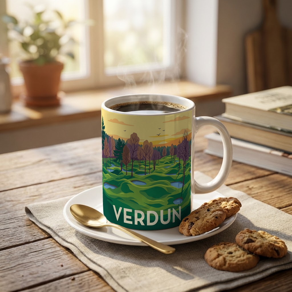 Mug souvenir de la ville de Verdun avec une illustration stylisée d'un paysage.