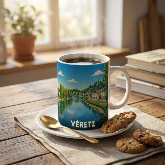 Mug souvenir de la ville de Véretz orné d'une illustration stylisée représentant ses bords de rivière.