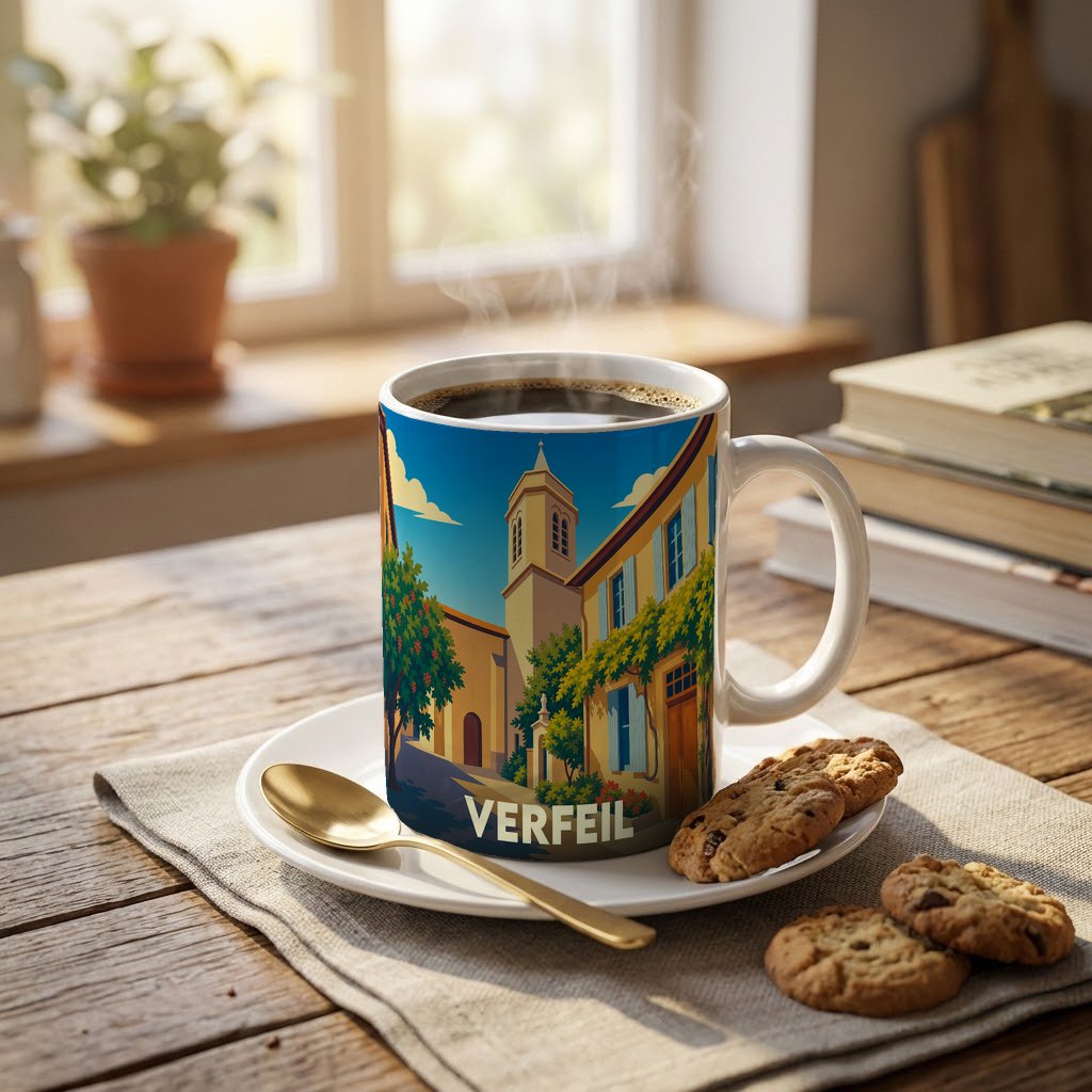 Mug souvenir de la ville de Verfeil illustré d'une scène urbaine colorée et stylisée.