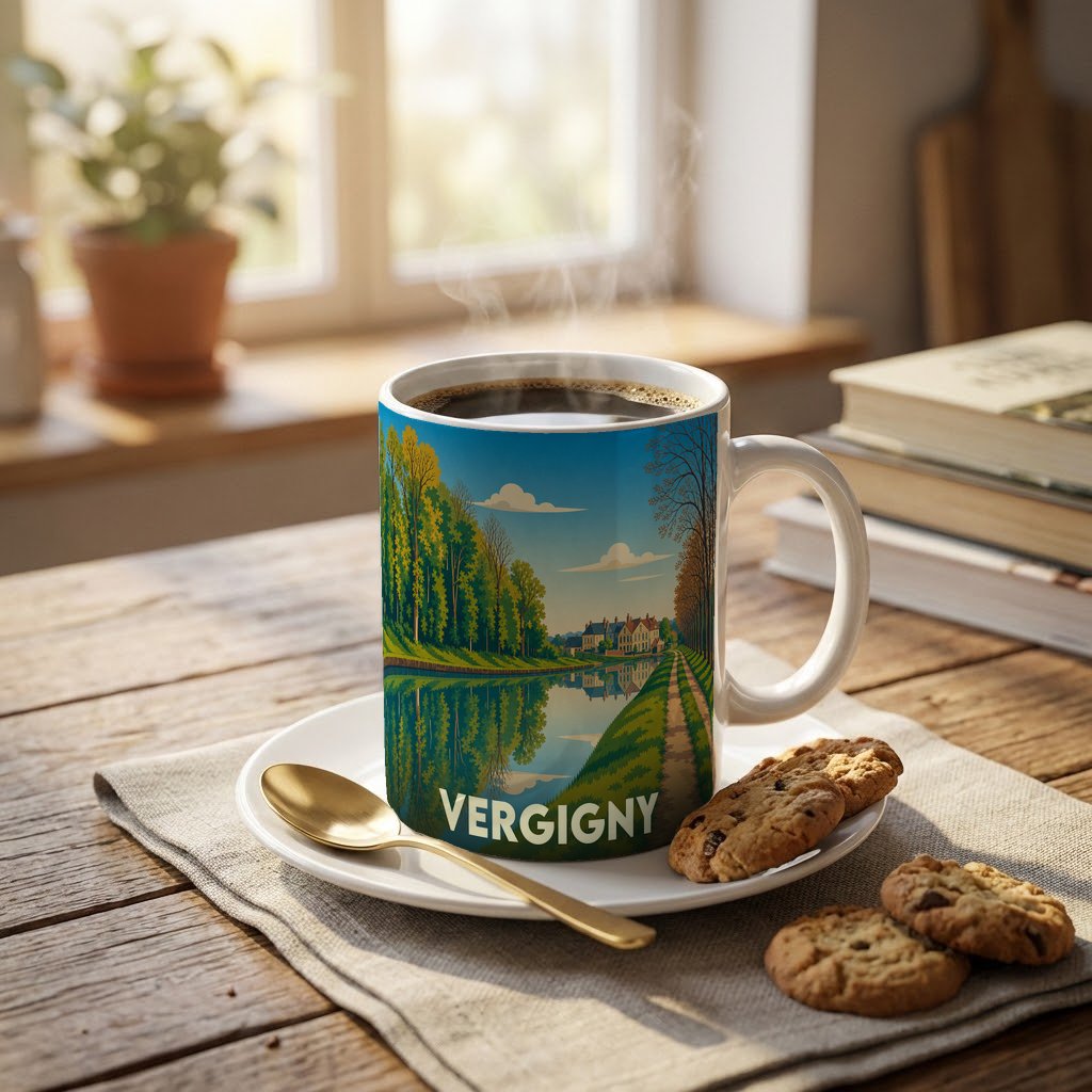 Mug souvenir de la ville de Vergigny orné d'une illustration paysagère stylisée.