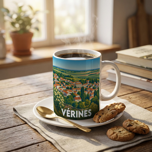 Mug souvenir de la ville de Vérines avec une illustration stylisée.