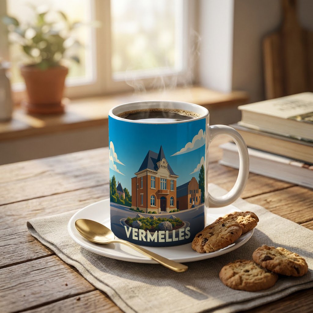 Mug souvenir de la ville de Vermelles avec une illustration stylisée de l'hôtel de ville.