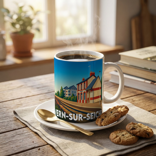 Mug souvenir de la ville de Vern-sur-Seiche avec une illustration stylisée de sa gare.