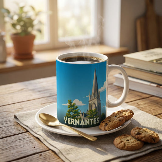 Mug souvenir de la ville de Vernantes illustré d'un clocher stylisé sur fond bleu.