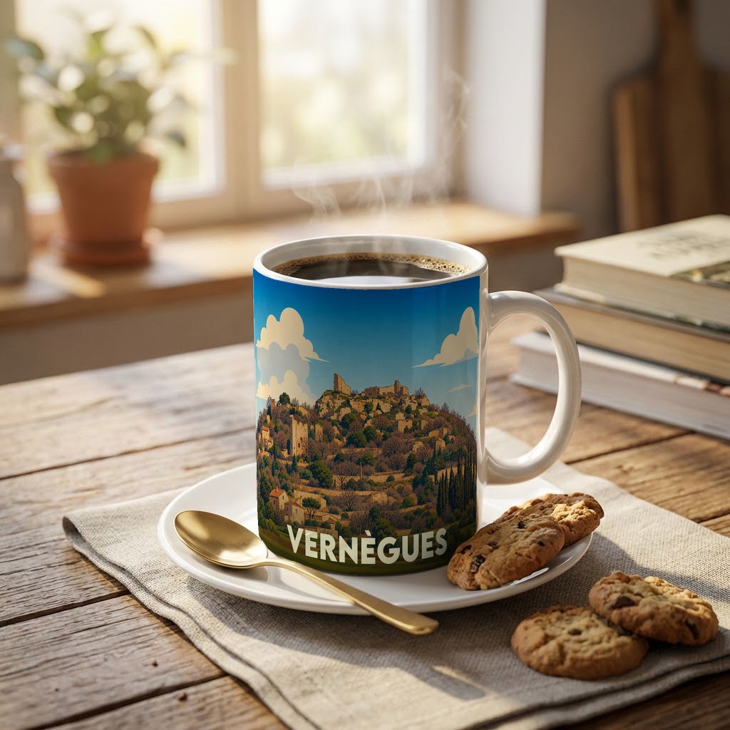 Mug souvenir de la ville de Vernègues avec une illustration stylisée de son vieux village et de son château.