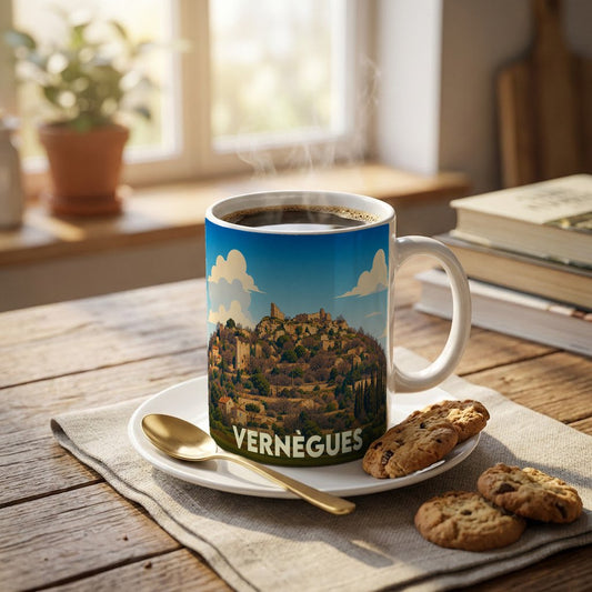 Mug souvenir de la ville de Vernègues avec une illustration stylisée de son vieux village et de son château.