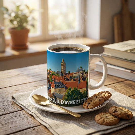 Mug souvenir de la ville de Verneuil d’Avre et d’Iton avec une illustration stylisée de ses toits et clochers.