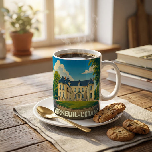 Mug souvenir de la ville de Verneuil-l'Étang avec une illustration stylisée d'un château.
