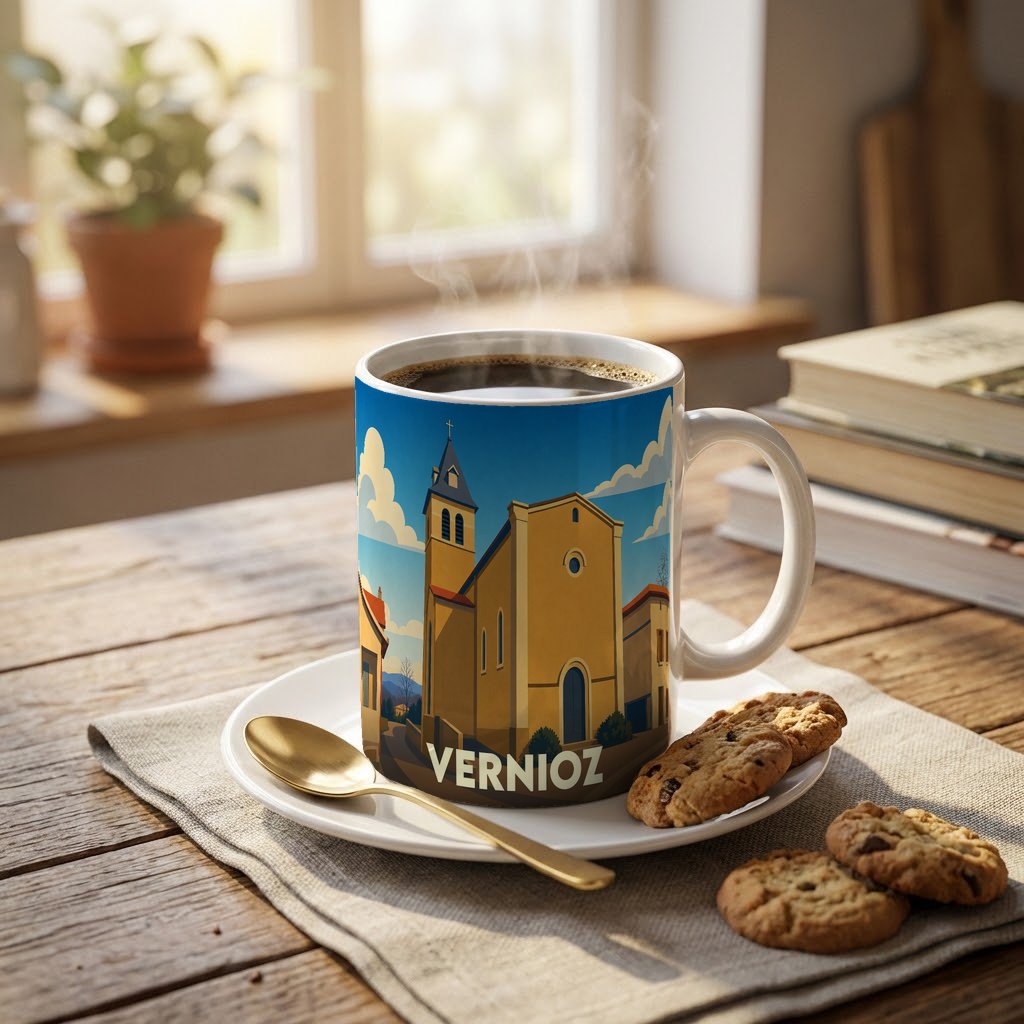 Mug souvenir de la ville de Vernioz orné d'une illustration stylisée de son église.