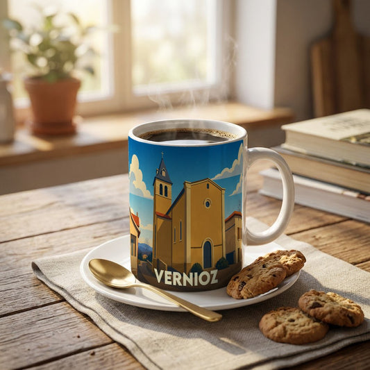 Mug souvenir de la ville de Vernioz orné d'une illustration stylisée de son église.