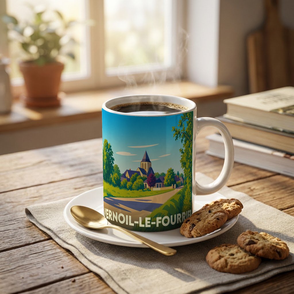 Mug souvenir de la ville de Vernoil-le-Fourrier orné d'une illustration stylisée de son église et de ses paysages.
