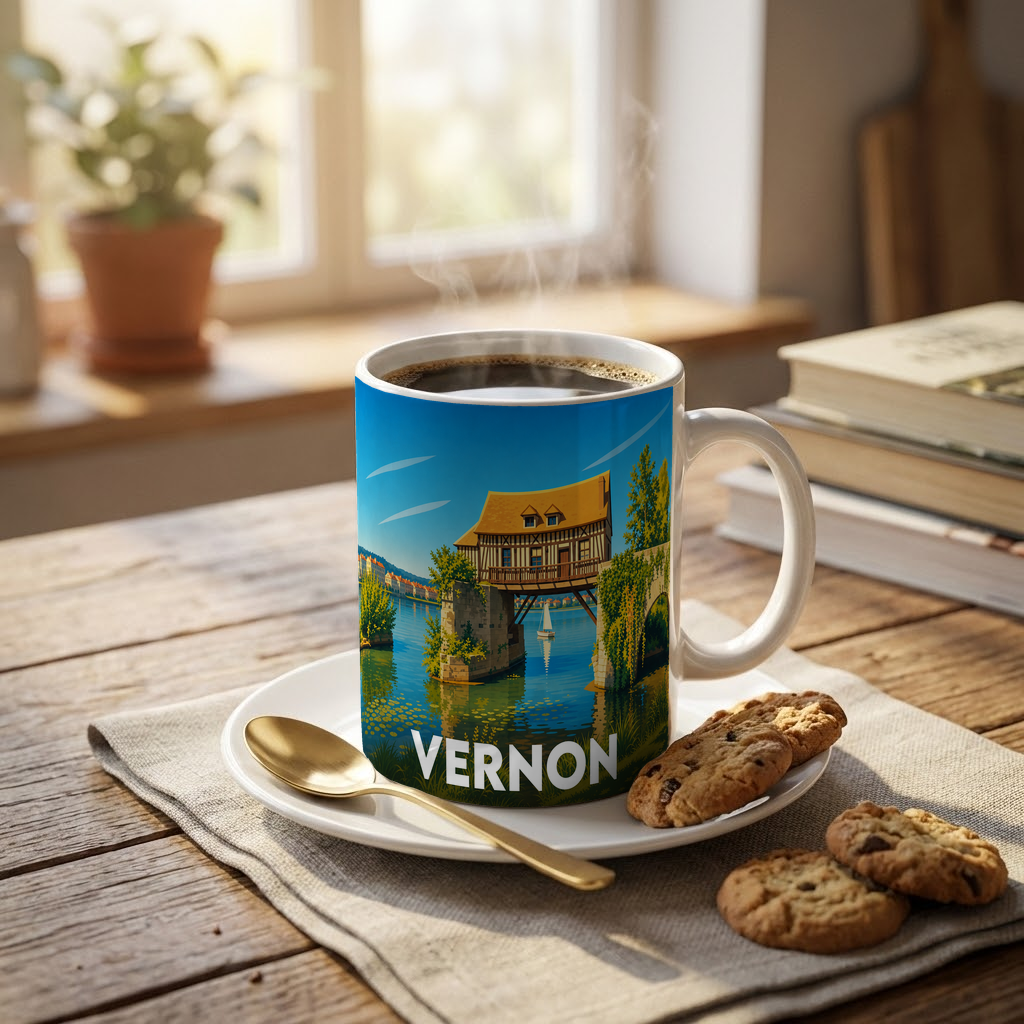 Mug souvenir de la ville de Vernon avec une illustration stylisée du Vieux-Moulin.