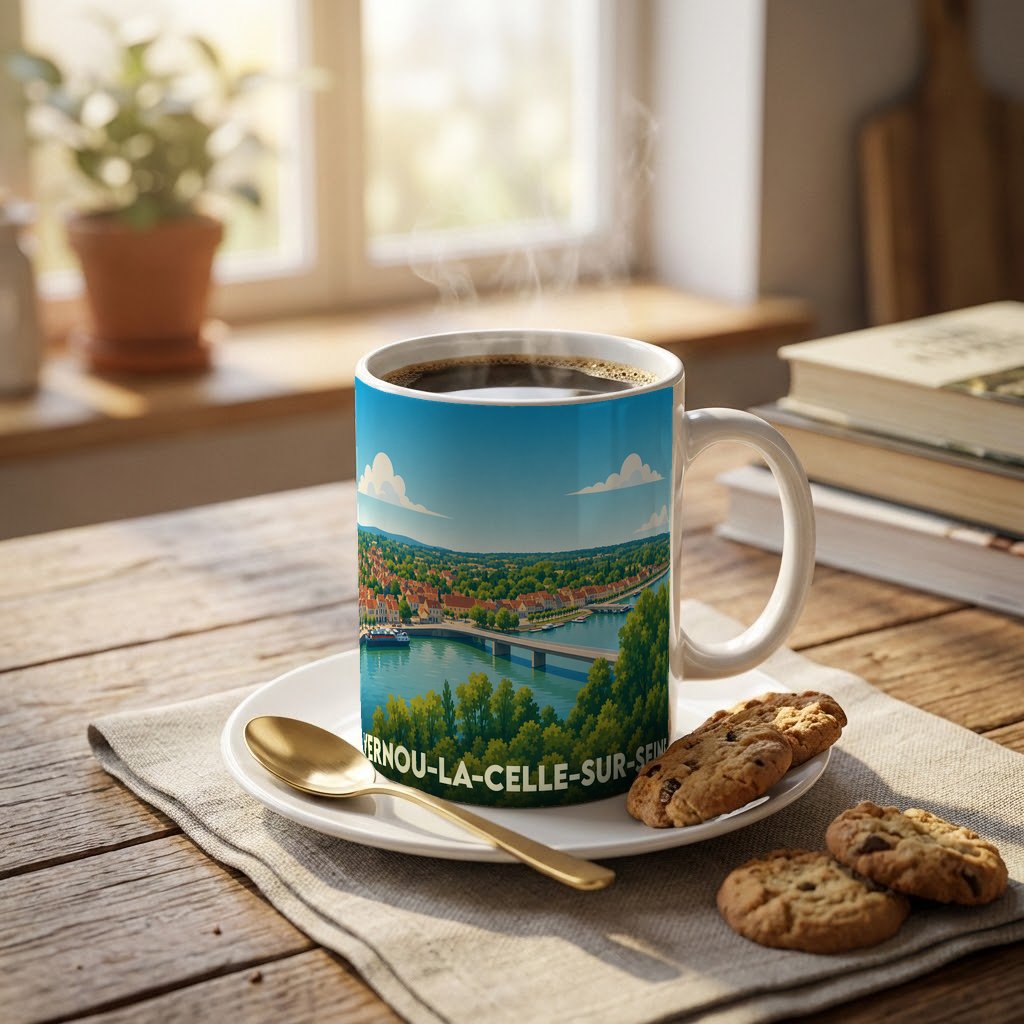 Mug souvenir de la ville de Vernou-la-Celle-sur-Seine avec une illustration stylisée.