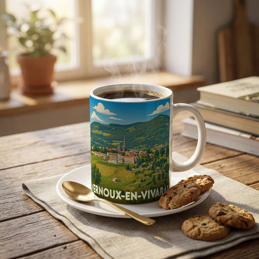 Mug souvenir de la ville de Vernoux-en-Vivarais avec une illustration stylisée d'un paysage de campagne vallonné.