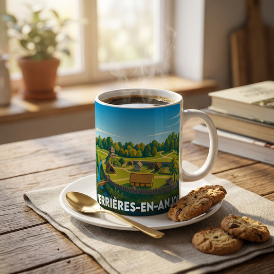 Mug souvenir de la ville de Verrières-en-Anjou orné d'une illustration de village médiéval.
