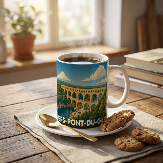 Mug souvenir de la ville de Vers-Pont-du-Gard orné d'une illustration stylisée du célèbre pont romain.