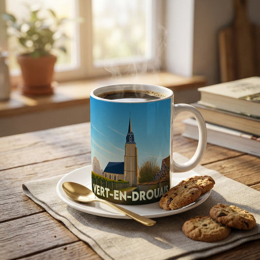 Mug souvenir de la ville de Vert-en-Drouais orné d'une illustration stylisée de son église.