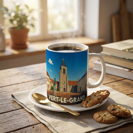 Mug souvenir de la ville de Vert-le-Grand illustré d'un paysage urbain stylisé.