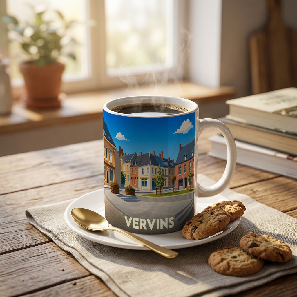 Mug souvenir de la ville de Vervins orné d'une illustration stylisée de ses façades colorées.
