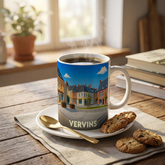 Mug souvenir de la ville de Vervins orné d'une illustration stylisée de ses façades colorées.