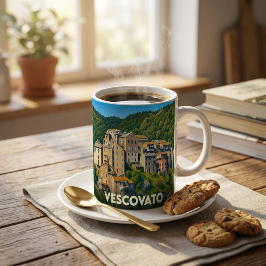 Mug souvenir de la ville de Vescovato avec une illustration stylisée d'un village corse perché.