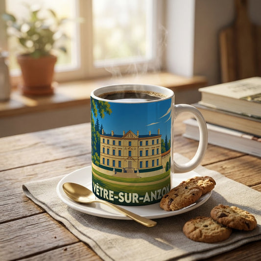 Mug souvenir de la ville de Vêtre-sur-Anzon orné d'une illustration stylisée de château.