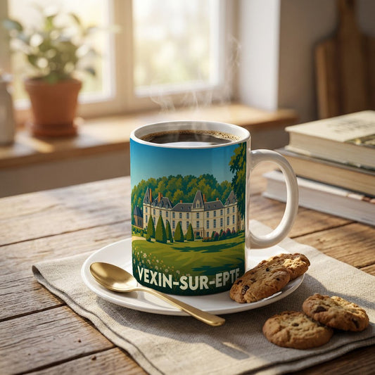 Mug souvenir de la ville de Vexin-sur-Epte avec une illustration stylisée de son patrimoine.
