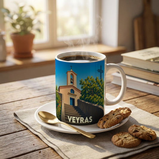 Mug souvenir de la ville de Veyras orné d'une illustration stylisée de son église.