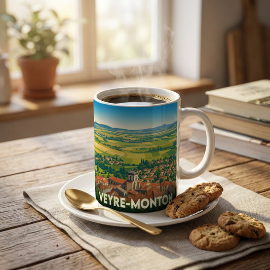 Mug souvenir de la ville de Veyre-Monton avec une illustration panoramique stylisée.